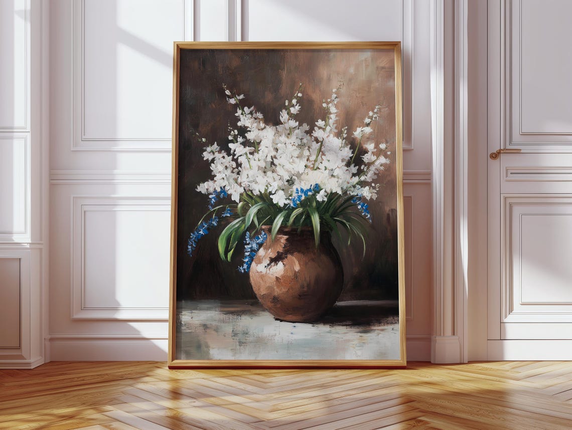 White Spring Flowers Rustic Brown Vase Vintage Oil Painting Poster