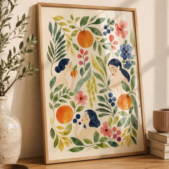 Botanical Watercolor Wall Art Print Citrus Floral Illustration Whimsical Women Cottagecore Decor Nature Inspired Gift