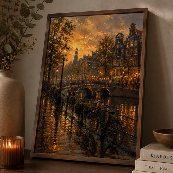 Amsterdam Canal Sunset Golden Oil Painting Romantic Cityscape Poster