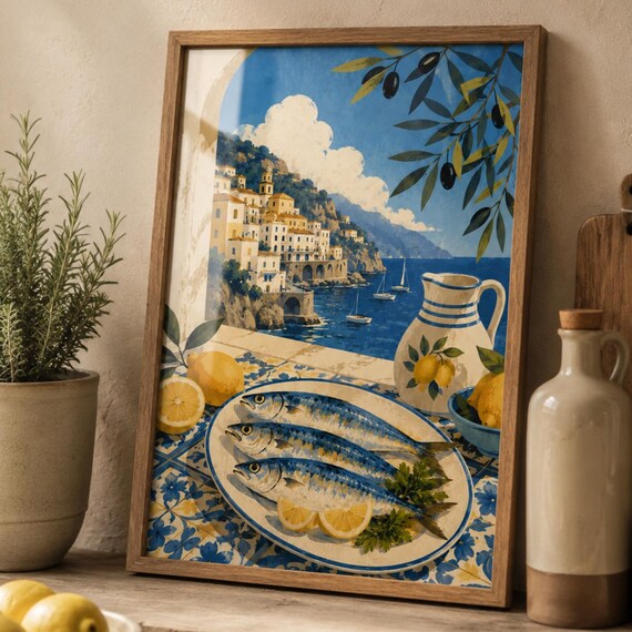 Mediterranean Coastal Kitchen Poster Italian Lemon Sardine Seafood Art
