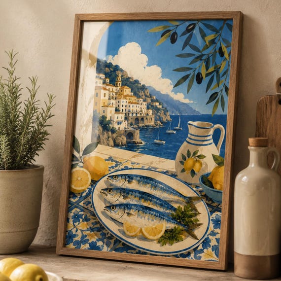 Mediterranean Coastal Wall Art Lemon Kitchen Poster Blue Sea Dining Room Decor Vintage Seafood