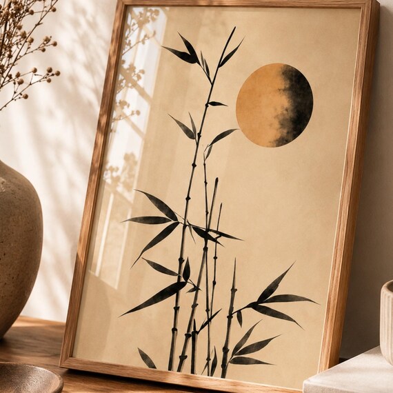 Bamboo Wall Art Print Japandi Botanical Poster Zen Minimalist Decor Japanese Sun Artwork Neutral Nature