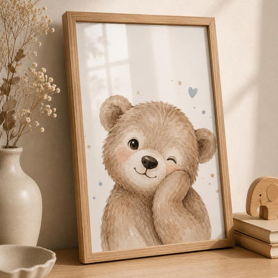 Cute Teddy Bear Nursery Wall Art Boho Print Neutral Baby Room Decor Woodland Poster Kids Bedroom