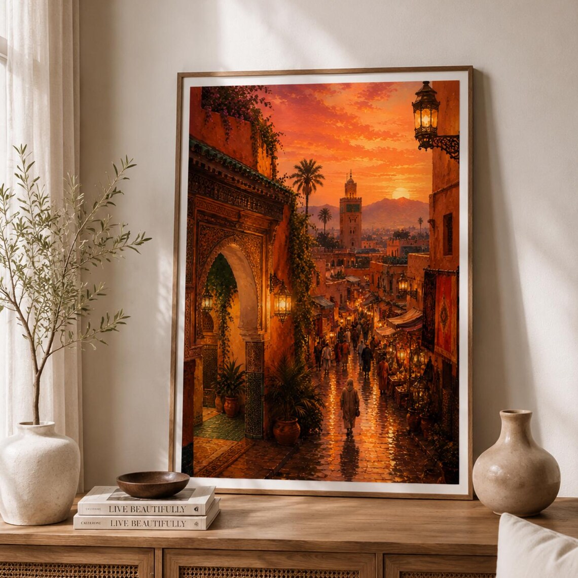 Morocco Marrakech Medina Travel Poster, Sunset Cityscape