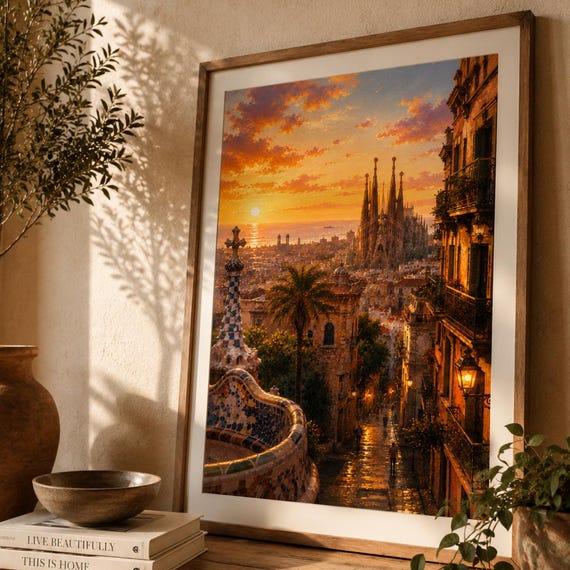 Barcelona Wall Art Print Sagrada Familia Poster Spain Cityscape Artwork Mediterranean Sunset Decor