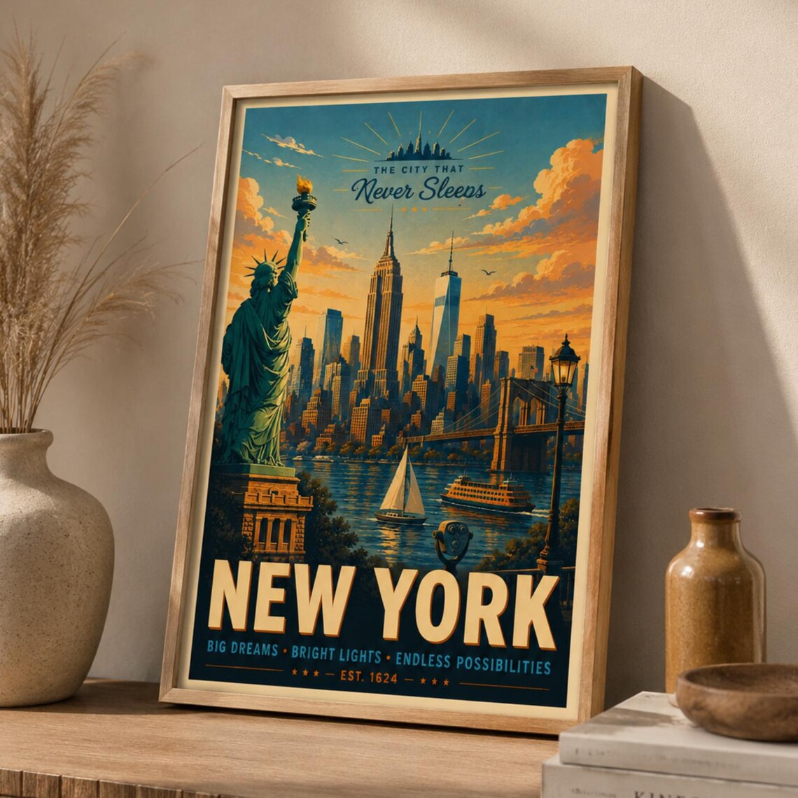 New York City Vintage Travel Poster, Skyline Art Print