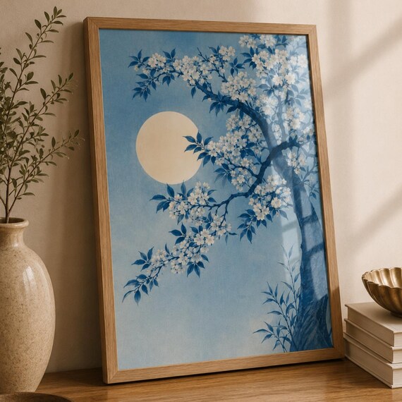 Cherry Blossom Wall Art Print Japanese Moon Landscape Blue Floral Decor Sakura Tree Poster Zen Asian Home Gift