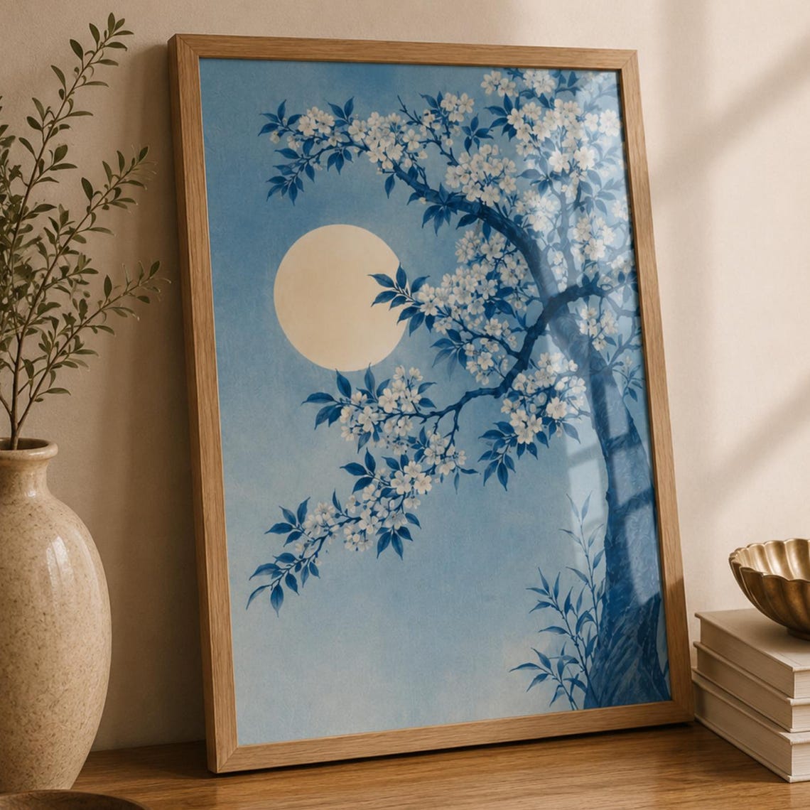Cherry Blossom Wall Art Print Japanese Moon Landscape Blue Floral Decor Sakura Tree Poster Zen Asian Home Gift
