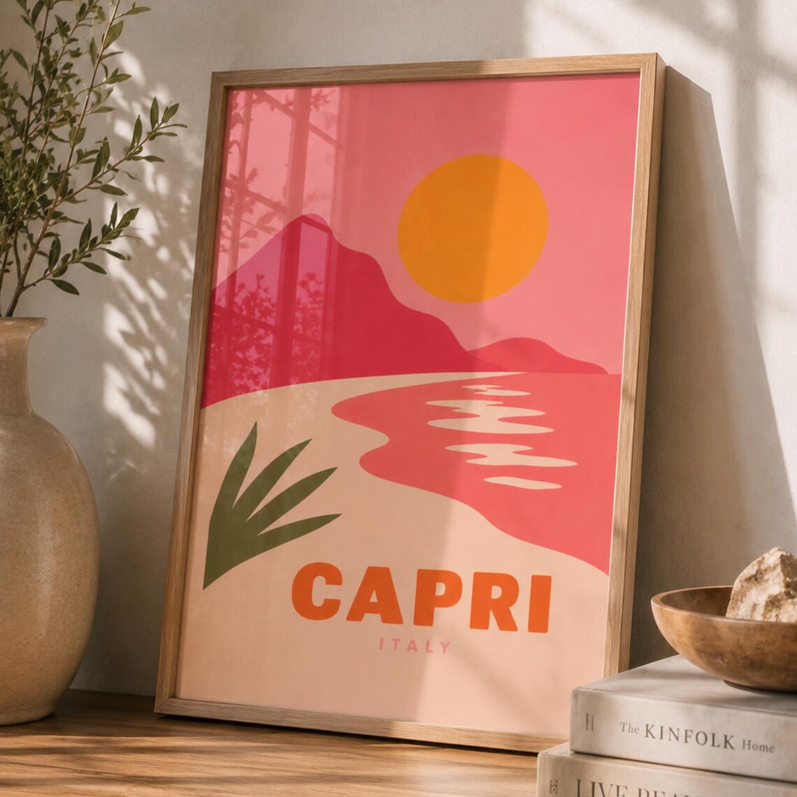 Capri Italy Beach Sunset Travel Poster Coral Pink Retro Artwork