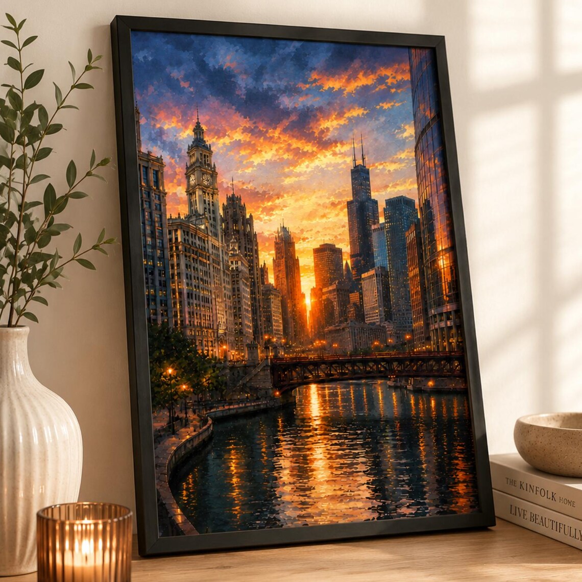Chicago Skyline Poster, Downtown Sunset River Cityscape