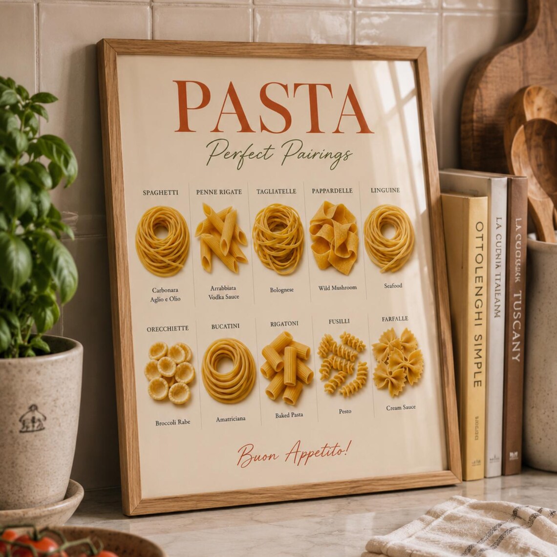 Pasta Perfect Pairings Chart Ten Shapes Sauce Guide Kitchen Print
