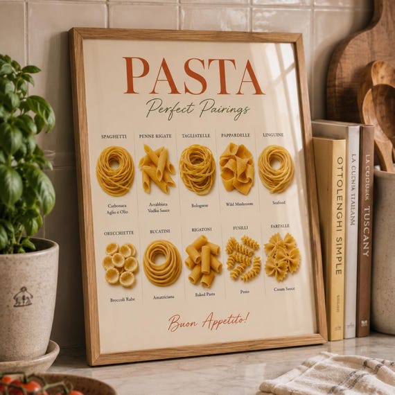 Pasta Pairing Chart Print Italian Kitchen Wall Art Sauce Guide Poster Food Decor Lover Gift Vintage