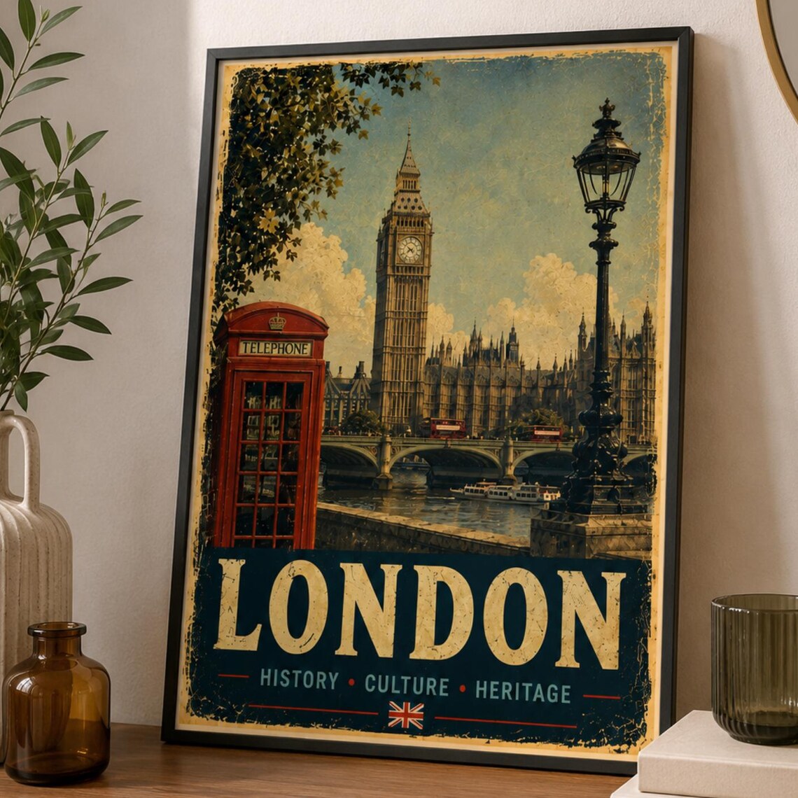 Vintage London Travel Poster Big Ben Red Phone Box Union Jack