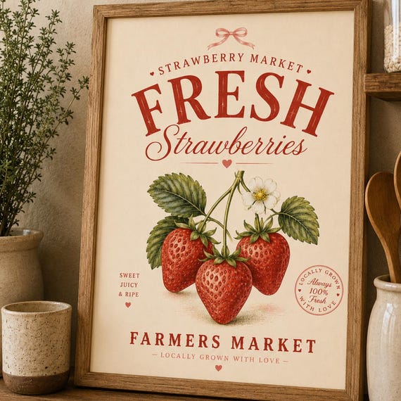 Vintage Strawberry Kitchen Print Retro Wall Art Farmers Market Poster Fruit Decor Cottagecore Artwork Gift
