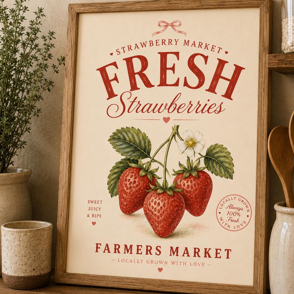 Fresh Strawberries Farmers Market Vintage Red Fruit Kitchen Poster