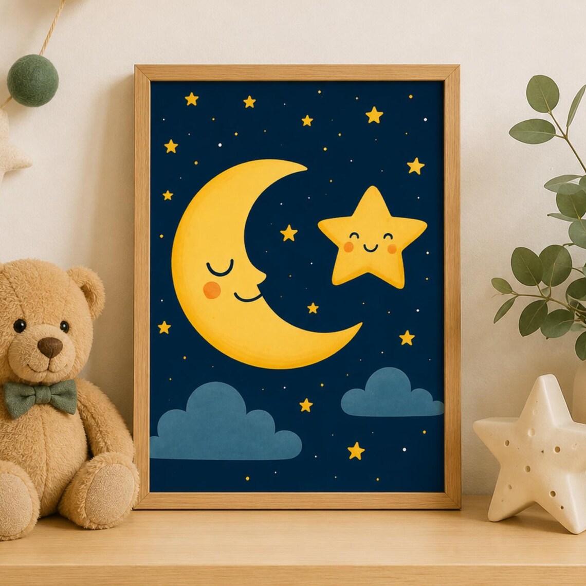 Sleepy Moon and Smiling Star Night Sky Kids Nursery Wall Art