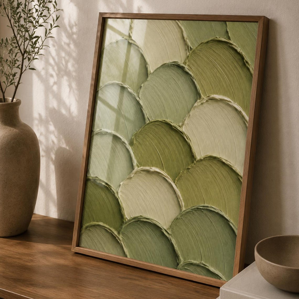 Green Abstract Brushstroke Scallops Poster Textured Botanical Leaf Art