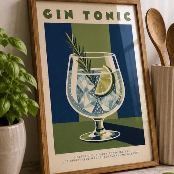 Gin And Tonic Cocktail Poster Citrus Drink Illustration With Lime Rosemary Green Blue Kitchen Bar Wall Art Decor