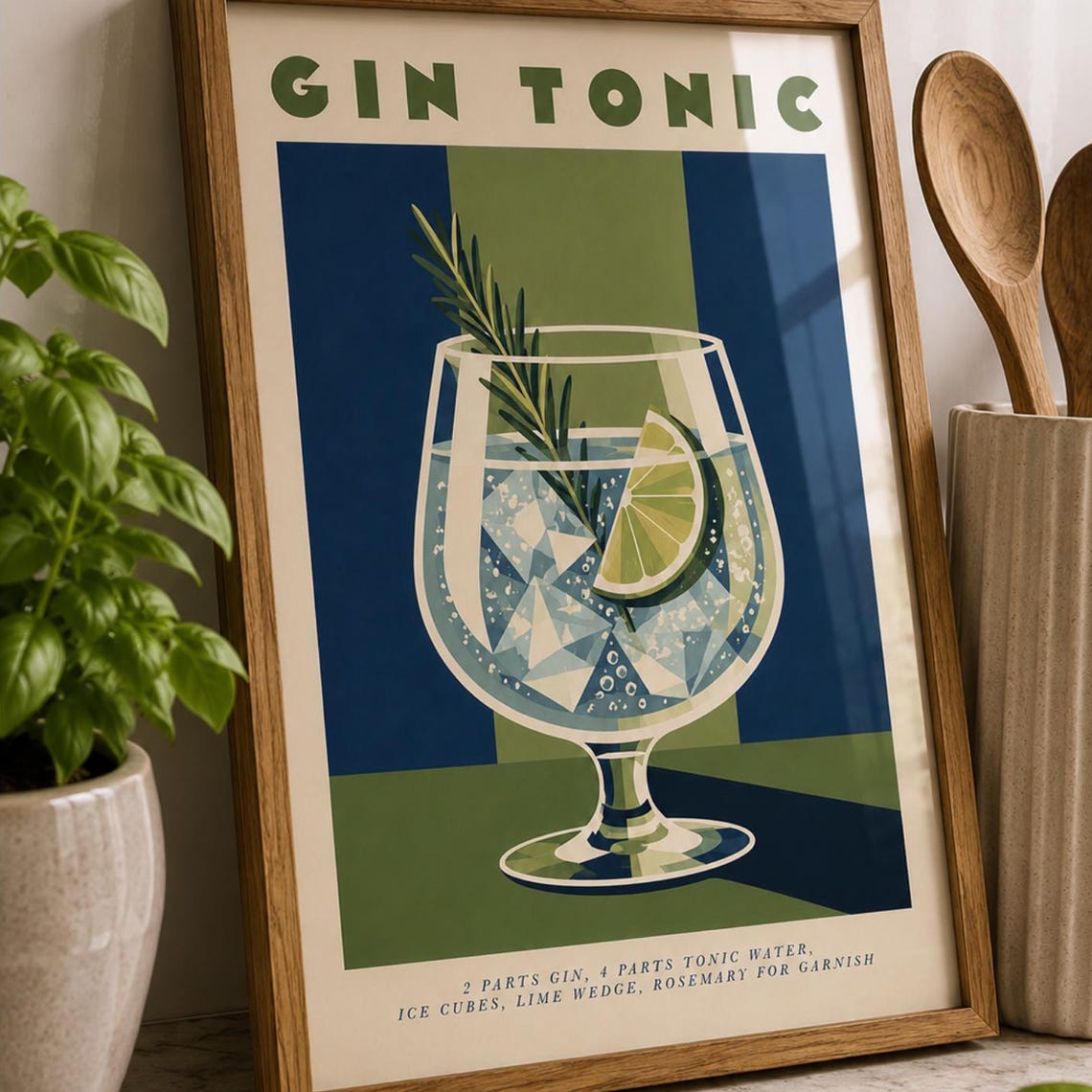 Gin And Tonic Cocktail Poster Citrus Drink Illustration With Lime Rosemary Green Blue Kitchen Bar Wall Art Decor