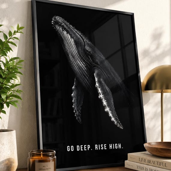 Humpback Whale Wall Art Minimalist Ocean Animal Poster Black And White Marine Decor For Living Room Office Or Coastal Home