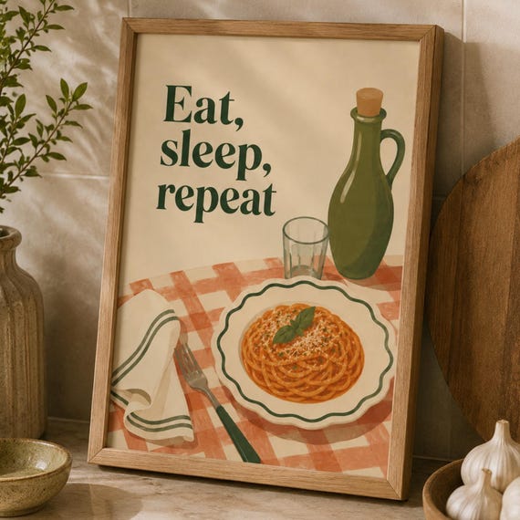 Kitchen Wall Art Print Eat Sleep Repeat Poster Italian Pasta Decor Funny Quote Modern Dining Room Food Lover Gift