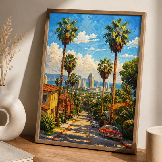 San Diego Wall Art Print California Coastal Cityscape Poster Palm Tree Street View Vintage Travel Decor Artwork