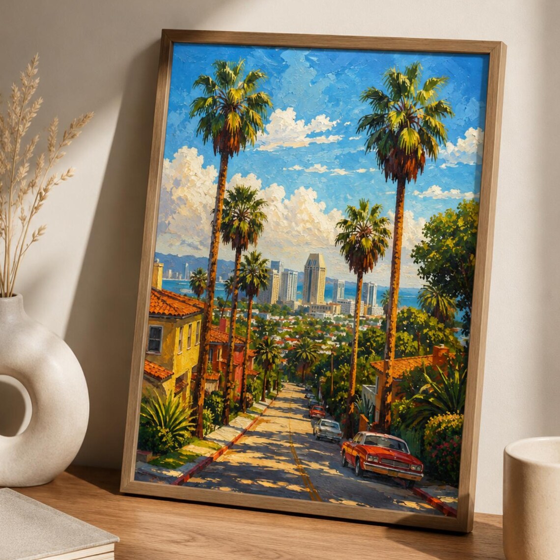 Sunny Palm Tree Street City Skyline Coastal California Art Poster