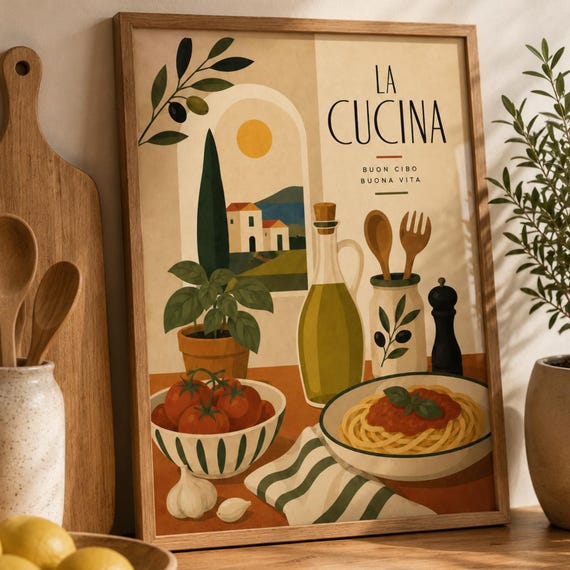 Kitchen Wall Art Poster Mediterranean Food Illustration Olive Oil And Pasta Decor Botanical Dining Room Cozy Home