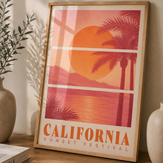 California Travel Poster Sunset Wall Art Palm Tree Print Vintage Decor Coastal Landscape