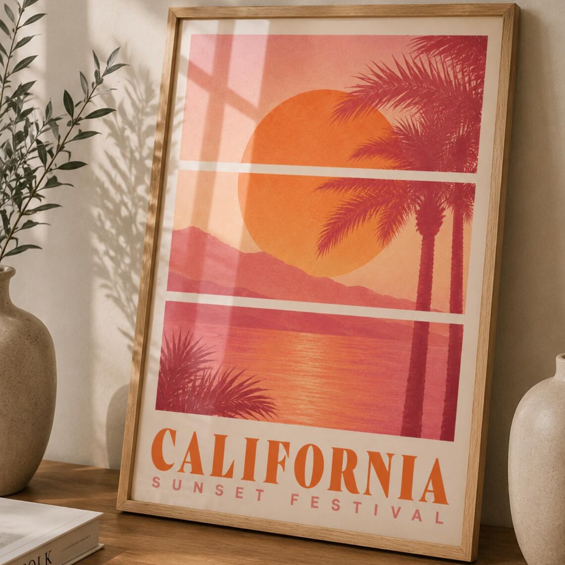 California Sunset Festival Palm Trees Ocean Vintage Travel Poster