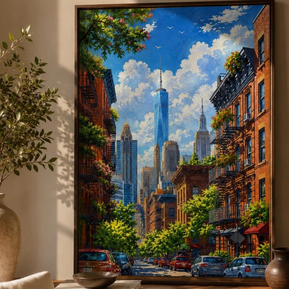 New York City Wall Art Nyc Skyline Poster Manhattan Street Print Urban Landscape Artwork One World Trade Center Decor