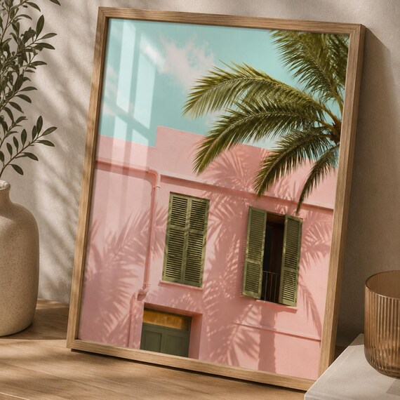 Pink Mediterranean House Palm Tree Shadows Coastal Photography Travel Poster
