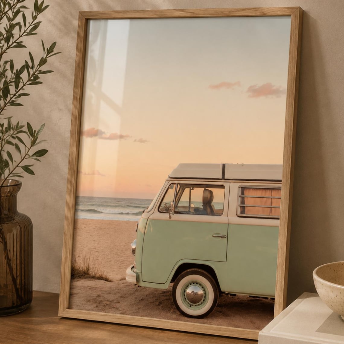 Vintage Camper Van Beach Sunset Coastal Van Life Photo Art Poster