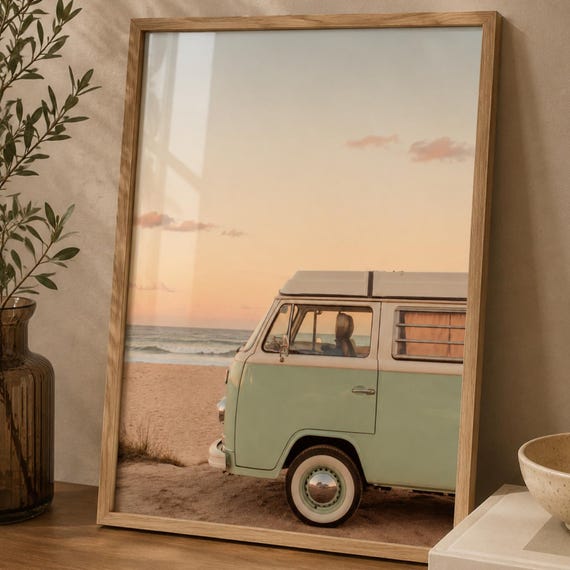 Beach Van Wall Art Print Vintage Camper Poster Coastal Photography Surf Decor Boho Travel Sunset Ocean
