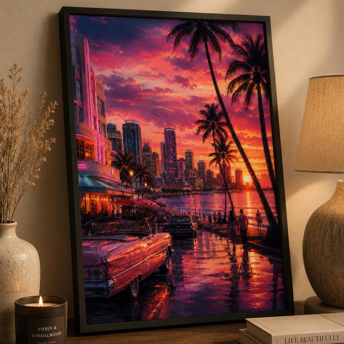 Miami Beach Ocean Drive Poster, Sunset Cityscape