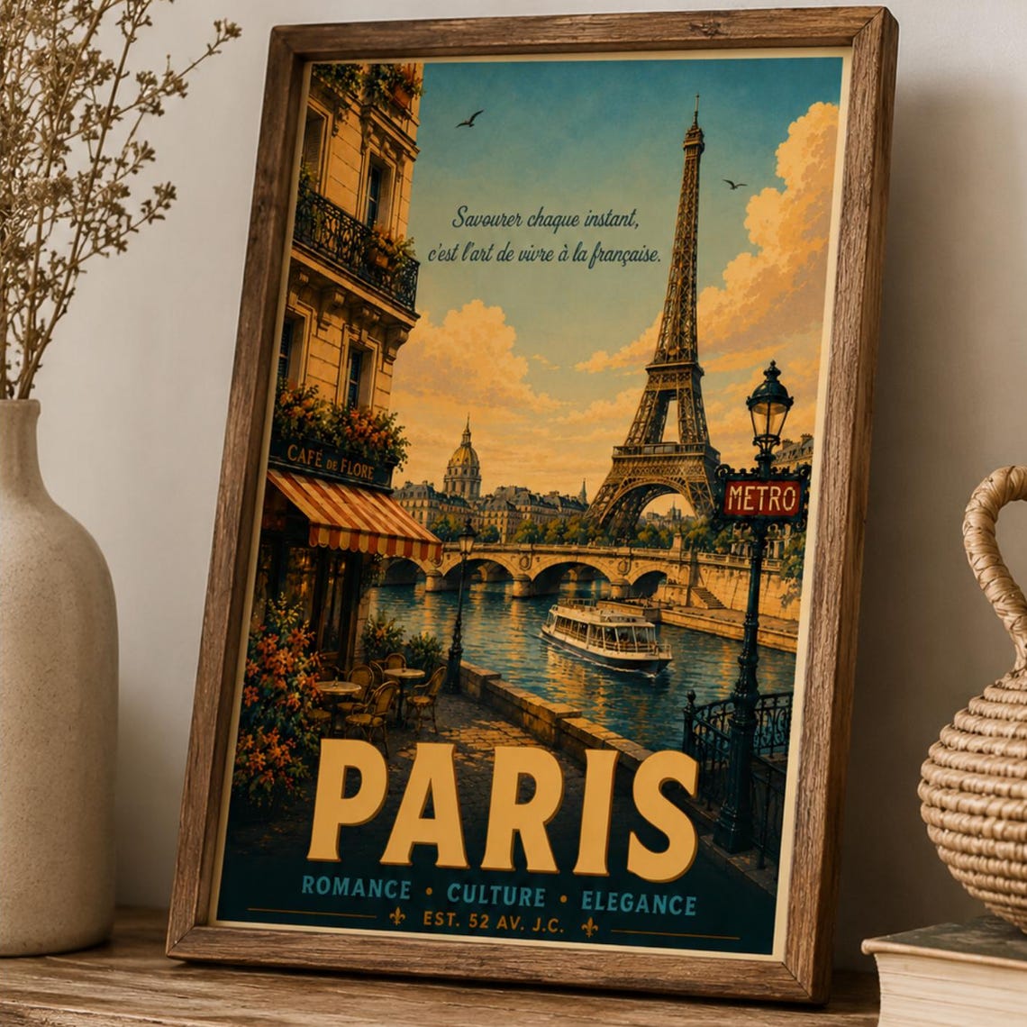 Paris Vintage Travel Poster Eiffel Tower Seine River Romance Art