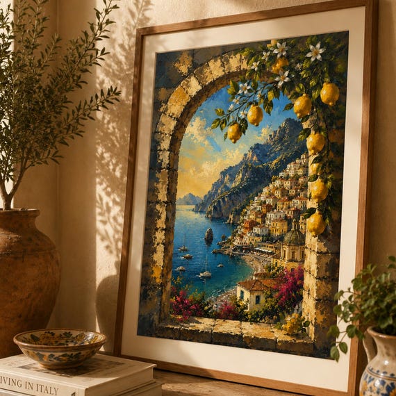 Amalfi Coast Wall Art Print Italian Coastal Village Poster Positano Landscape Decor Mediterranean Seaside Artwork