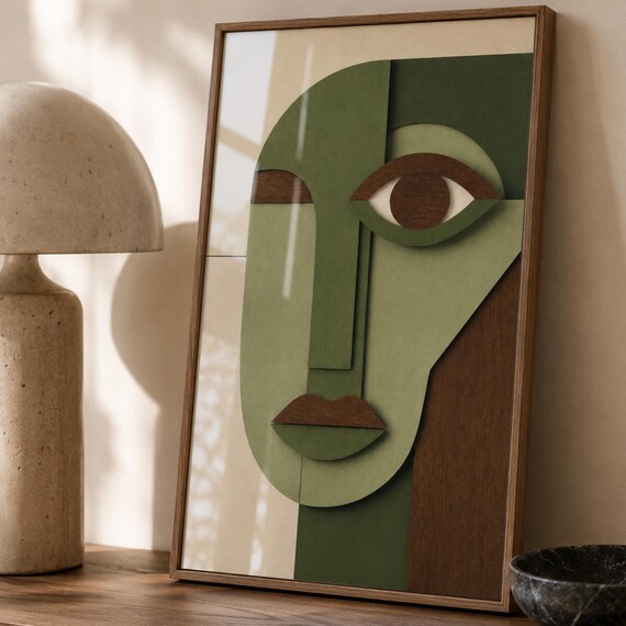 Abstract Green Face Poster Mid Century Modern Cubist Portrait Decor