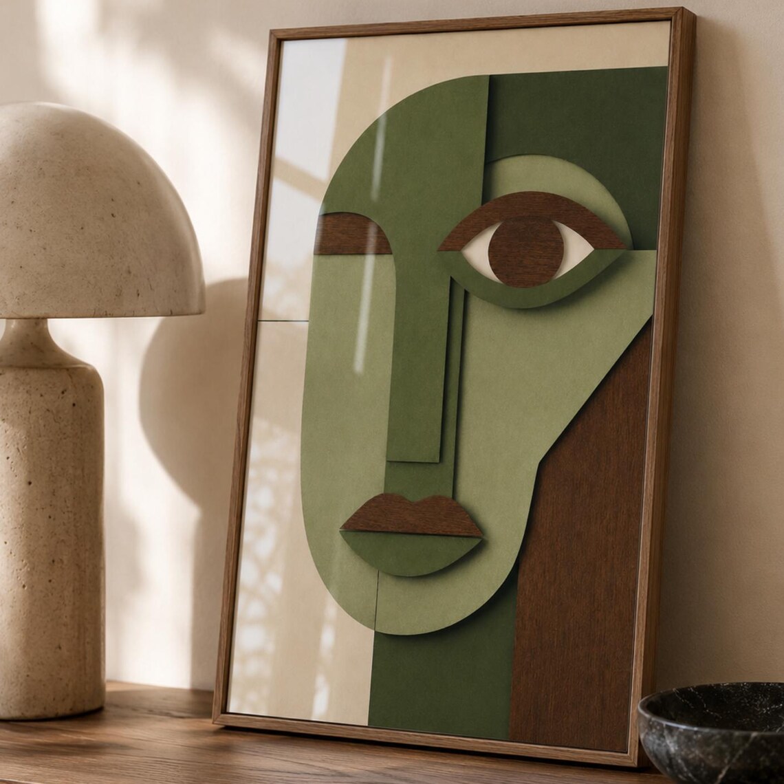 Abstract Green Face Poster Mid Century Modern Cubist Portrait Decor