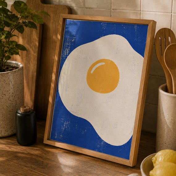 Fried Egg Wall Art Print Modern Kitchen Decor Mid Century Food Poster Minimalist Breakfast Blue
