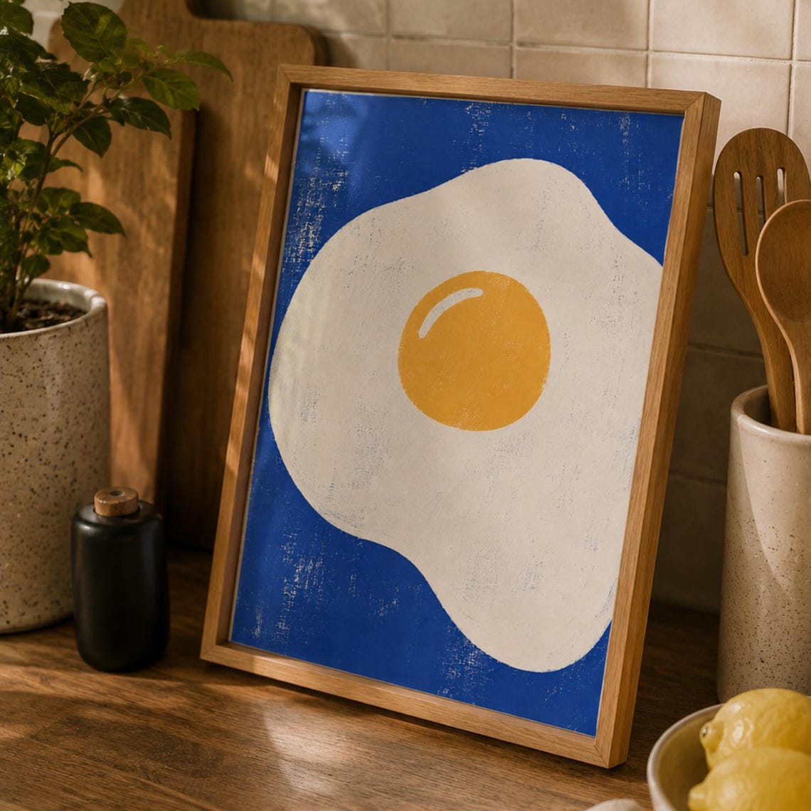 Fried Egg Wall Art Print Modern Kitchen Decor Mid Century Food Poster Minimalist Breakfast Blue