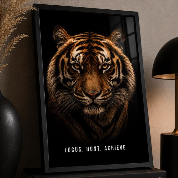 Tiger Wall Art Print Motivational Poster Focus Hunt Achieve Quote Modern Animal Decor Office Gym Gift
