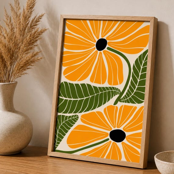 Yellow Floral Wall Art Print Mid Century Modern Botanical Poster Retro Flower Decor Scandinavian Nature Artwork