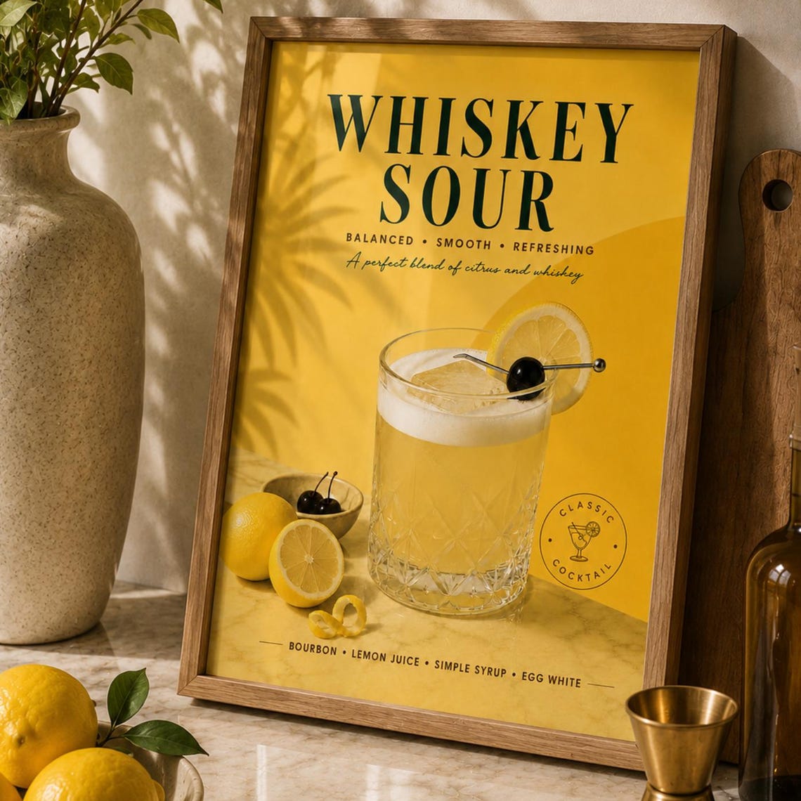 Whiskey Sour Classic Cocktail Recipe Yellow Retro Bar Poster