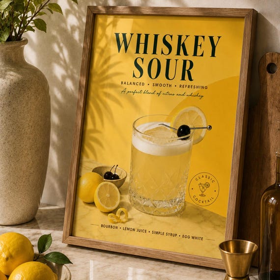 Whiskey Sour Cocktail Poster Vintage Bar Wall Art Bourbon Drink Print Retro Kitchen Decor Mixology Gift Speakeasy