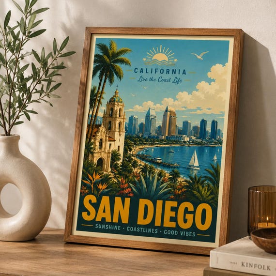 San Diego Wall Art Print California Coastal Poster Vintage Travel Artwork Beach City Decor Skyline Gift