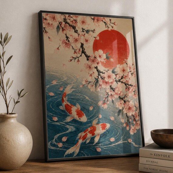 Japanese Koi Fish Wall Art Print Cherry Blossom Poster Sakura Sun Decor Zen Oriental Artwork Gift