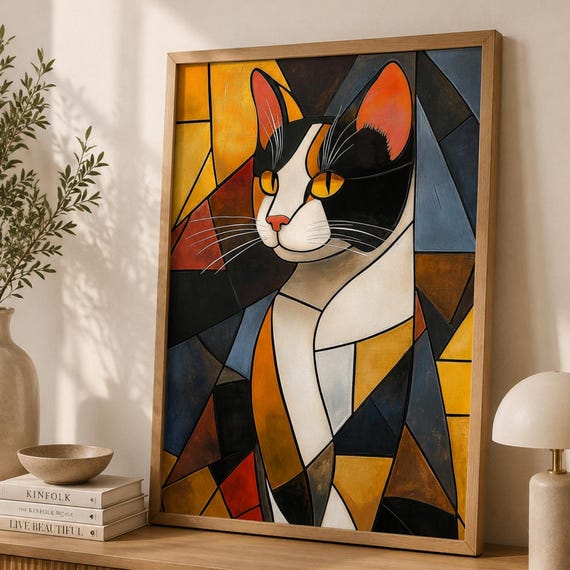 Cat Wall Art Print Cubist Poster Modern Geometric Animal Artwork Colorful Contemporary Home Decor