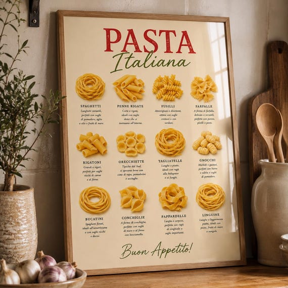 Italian Pasta Chart Print Types Poster Kitchen Wall Art Food Guide Lover Gift Decor