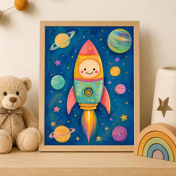 Rocket Nursery Wall Art Space Kids Room Decor Colorful Poster Outer Print Astronaut Artwork